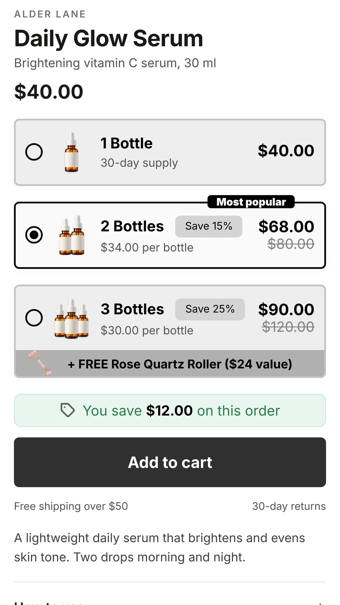 A product page on a phone with the BundleUp widget: 1, 2 and 3 bottle tiers with the 2-pack marked Most popular.