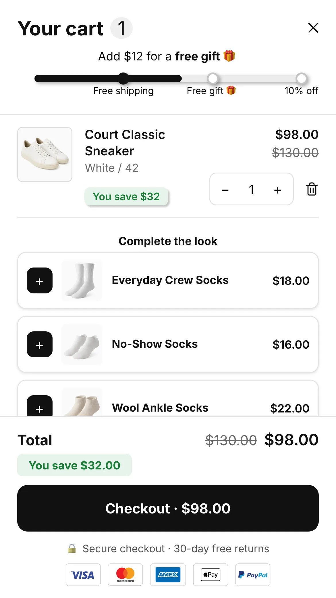 Cartify cart drawer on a phone showing "Add $12 for a free gift" on the reward bar.