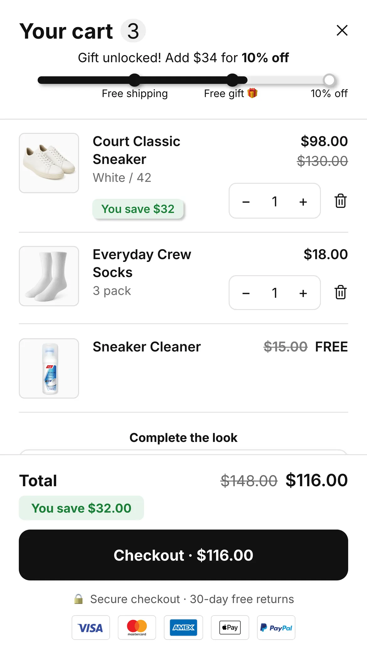 Cartify cart drawer on a phone: gift unlocked on the reward bar, a free sneaker cleaner in the cart and a "Complete the look" upsell.