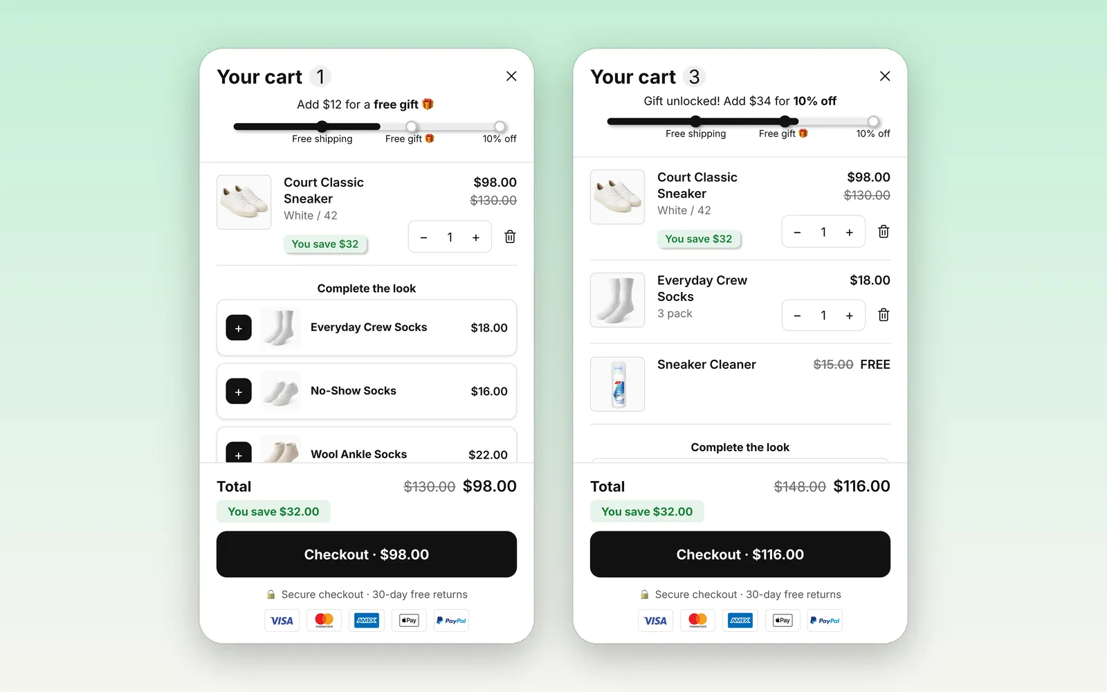 Cartify cart drawer before and after reaching the gift tier