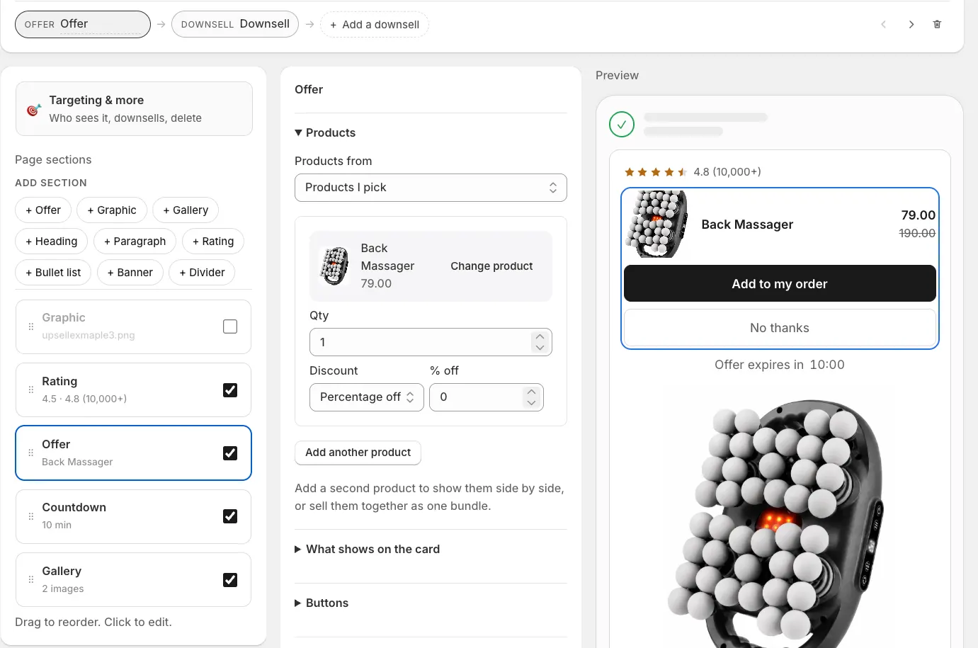 ExtraSale offer editor with an Offer to Downsell flow, page sections, product and discount settings, and a live preview.