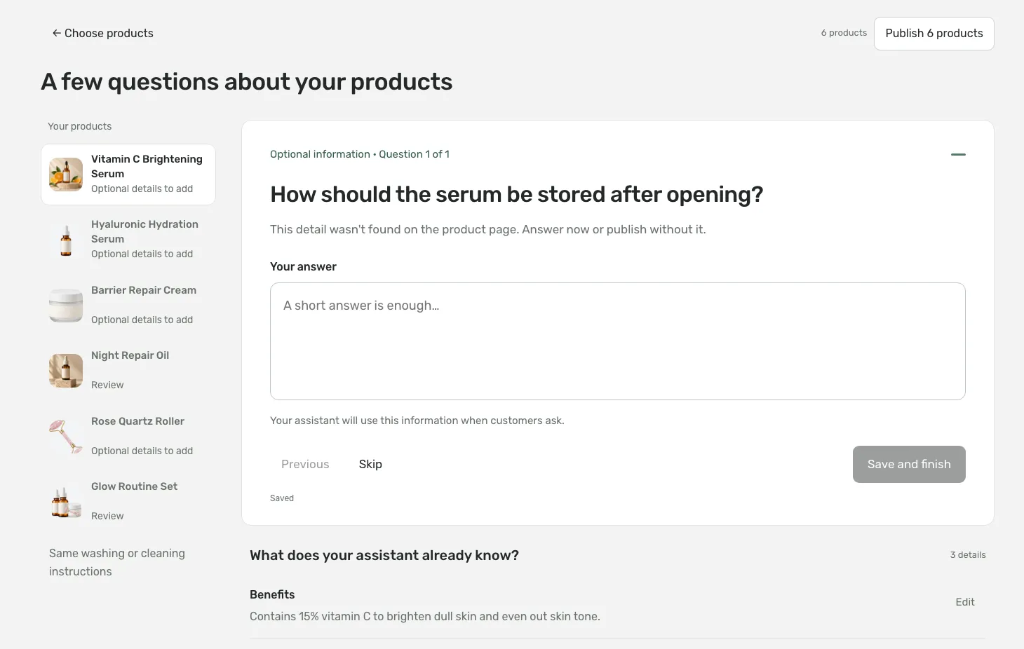 Vouch setup asking how a serum should be stored after opening