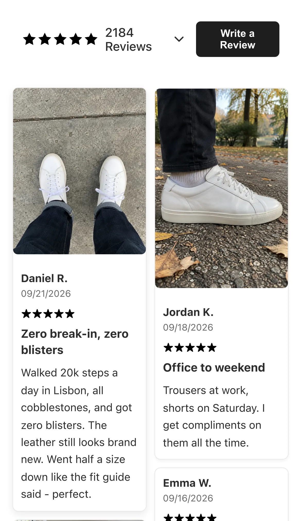 The Vouch review widget on a phone: star summary, a Write a review button and review cards with customer photos.