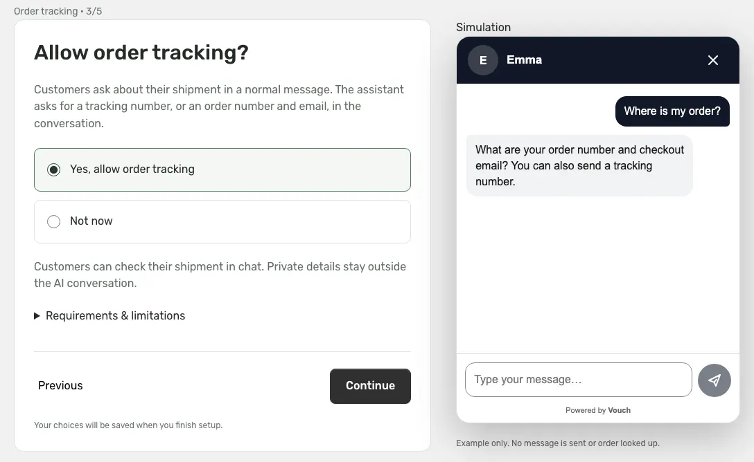 Vouch sales chat setup step "Allow order tracking?" beside a chat simulation where a shopper asks "Where is my order?".